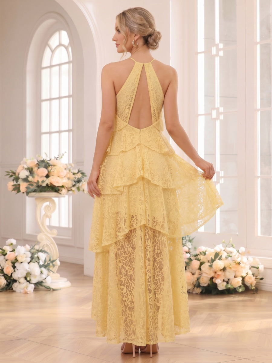 A-Line/Princess Halter Sleeveless Asymmetrical Bridesmaid Dresses with Ruffles &amp; Lace