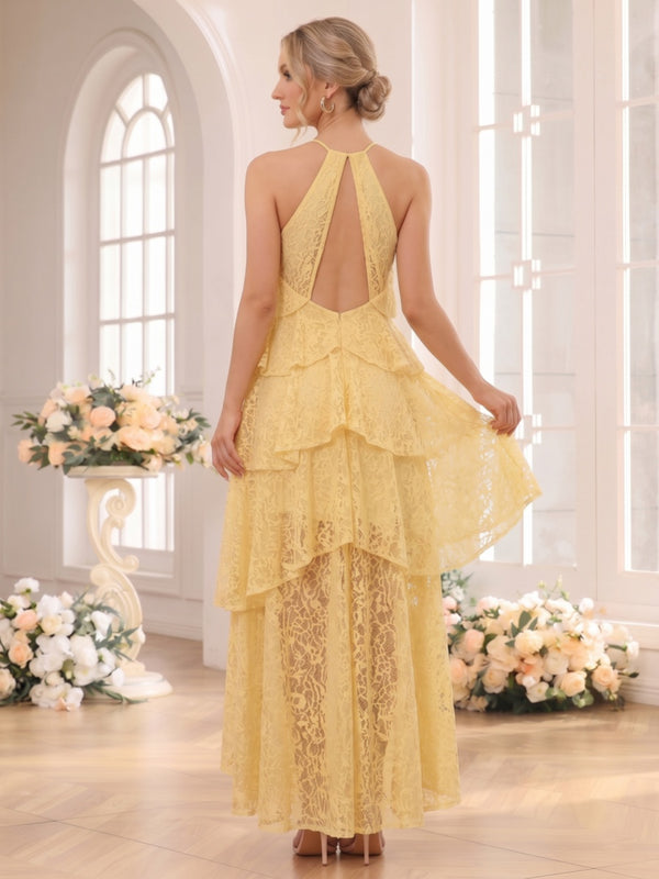 A-Line/Princess Halter Sleeveless Asymmetrical Bridesmaid Dresses with Ruffles & Lace