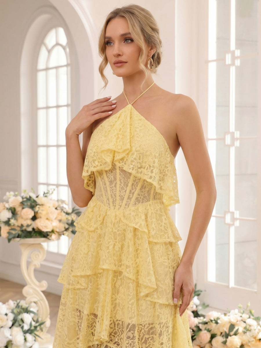 A-Line/Princess Halter Sleeveless Asymmetrical Bridesmaid Dresses with Ruffles &amp; Lace