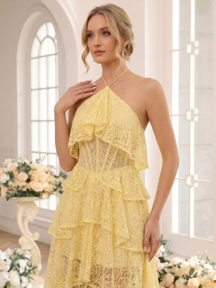 A-Line/Princess Halter Sleeveless Asymmetrical Bridesmaid Dresses with Ruffles &amp; Lace