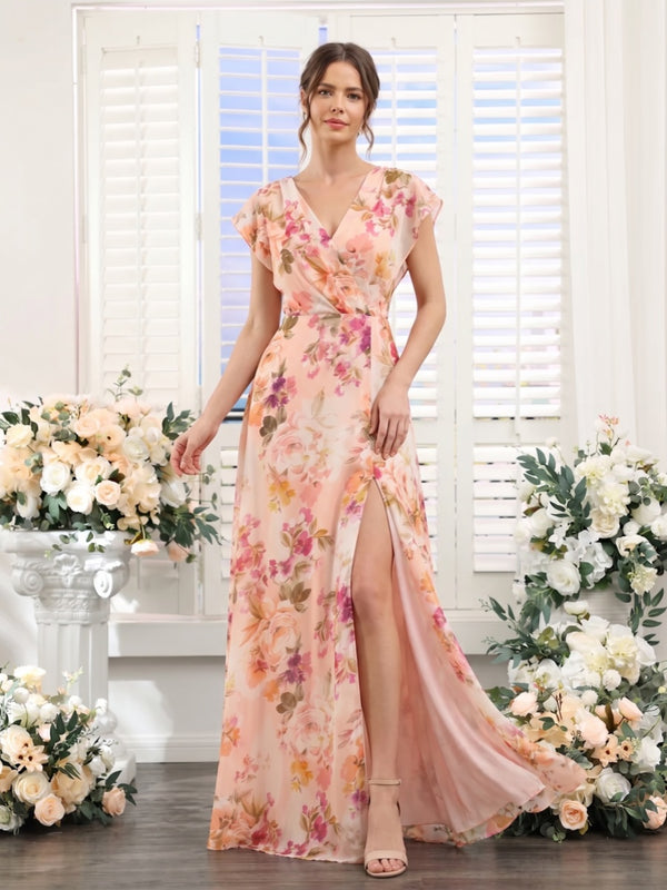 A-Line/Princess V-Neck Short Sleeves Floor-Length Bridesmaid Dresses with Split Side