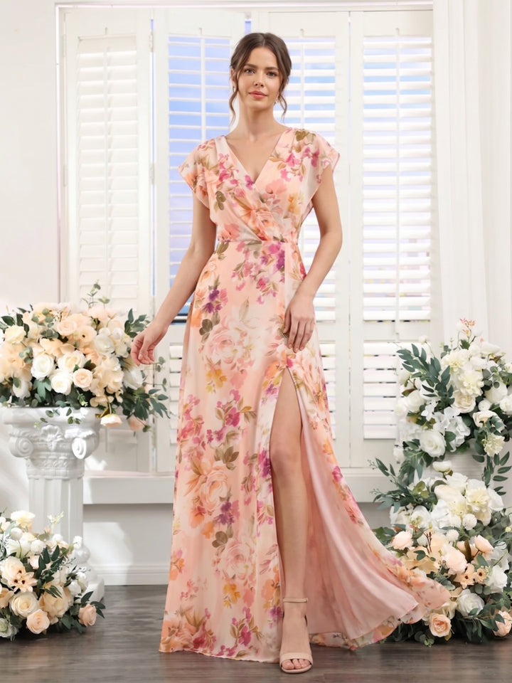 A-Line/Princess V-Neck Short Sleeves Floor-Length Bridesmaid Dresses with Split Side
