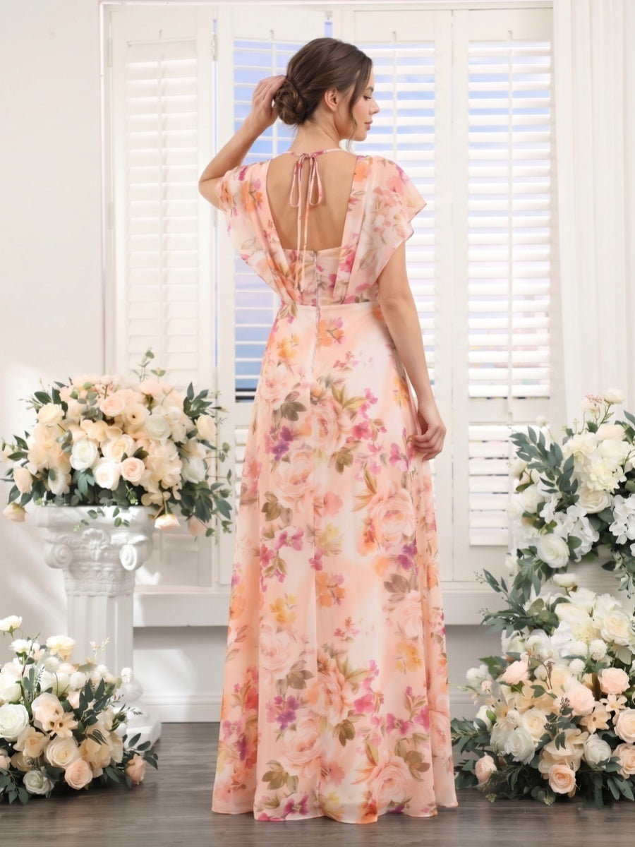 A-Line/Princess V-Neck Short Sleeves Floor-Length Bridesmaid Dresses with Split Side