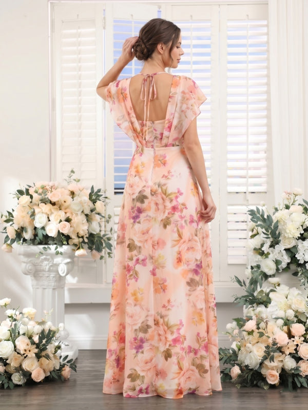 A-Line/Princess V-Neck Short Sleeves Floor-Length Bridesmaid Dresses with Split Side
