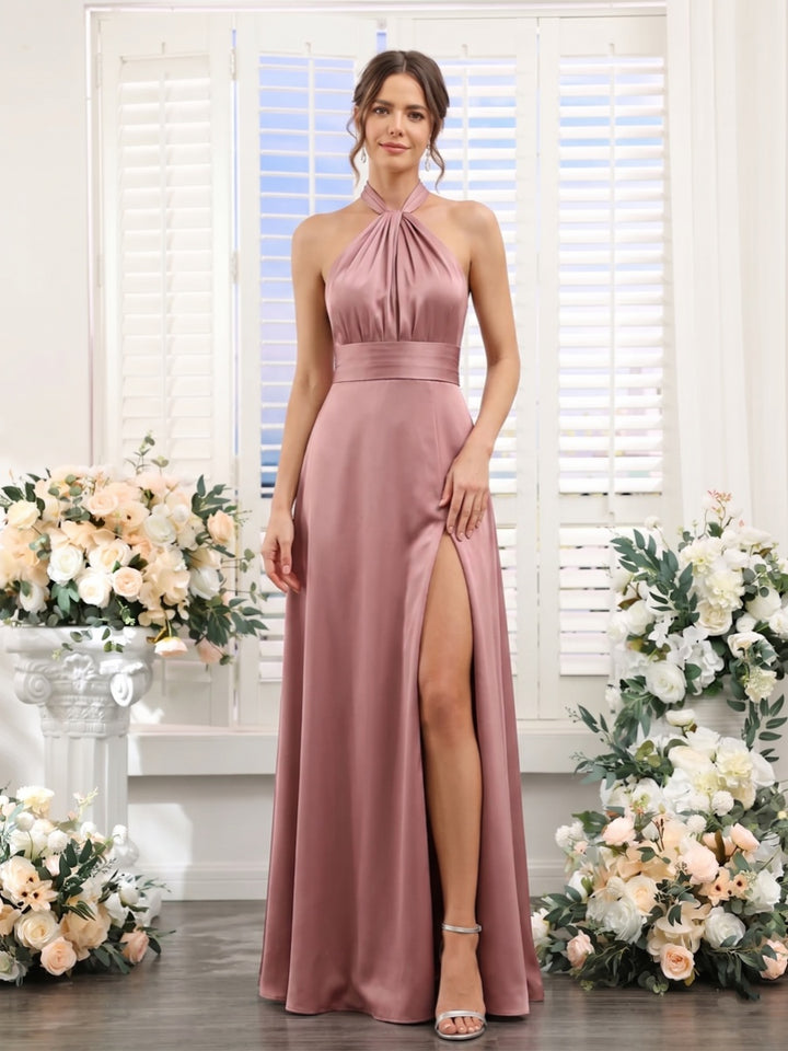 A-Line/Princess Halter Sleeveless Floor-Length Bridesmaid Dresses with Split Side &amp; Ruched