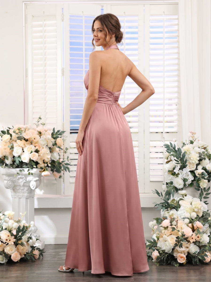 A-Line/Princess Halter Sleeveless Floor-Length Bridesmaid Dresses with Split Side &amp; Ruched
