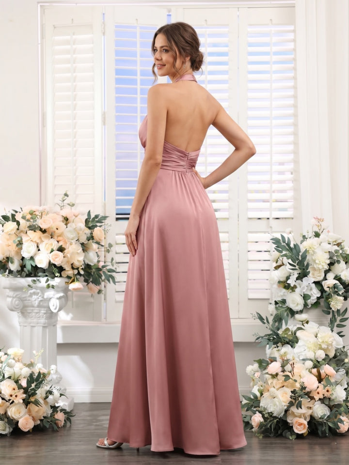 A-Line/Princess Halter Sleeveless Floor-Length Bridesmaid Dresses with Split Side &amp; Ruched