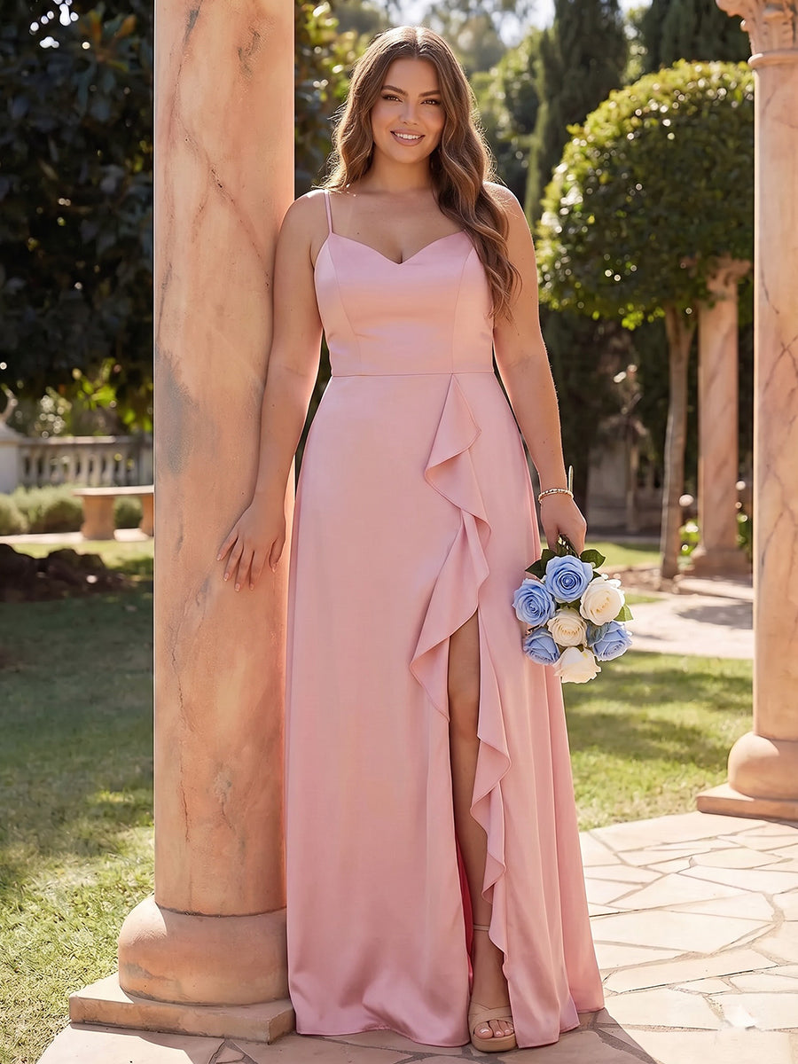 A-Line/Princess Spaghetti Straps Sleeveless Chiffon Floor-Length Plus Size Bridesmaid Dresses with Ruffles &amp; Split Side
