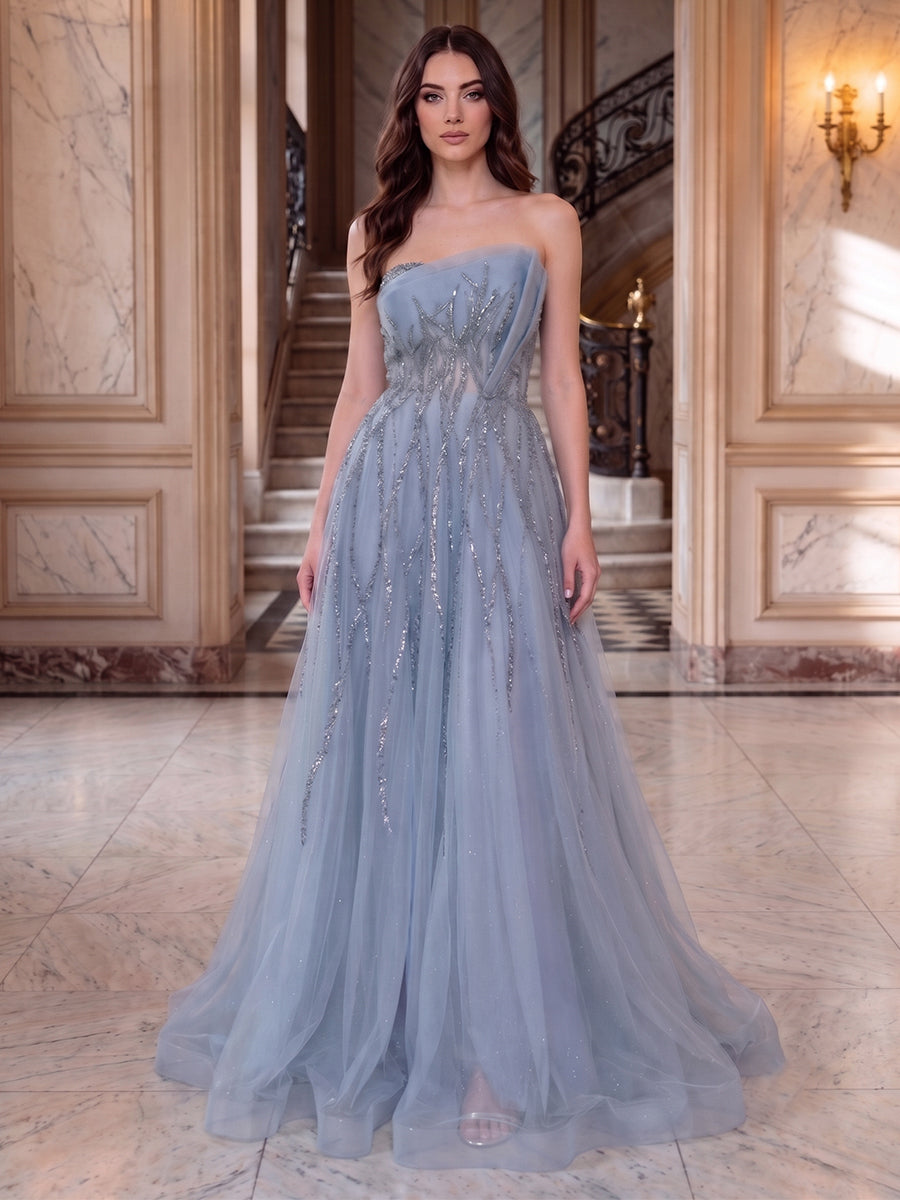 A-Line/Princess Strapless Sleeveless Floor-Length Evening Dresses with Applique & Beading