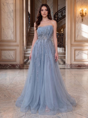 A-Line/Princess Strapless Sleeveless Floor-Length Evening Dresses with Applique & Beading