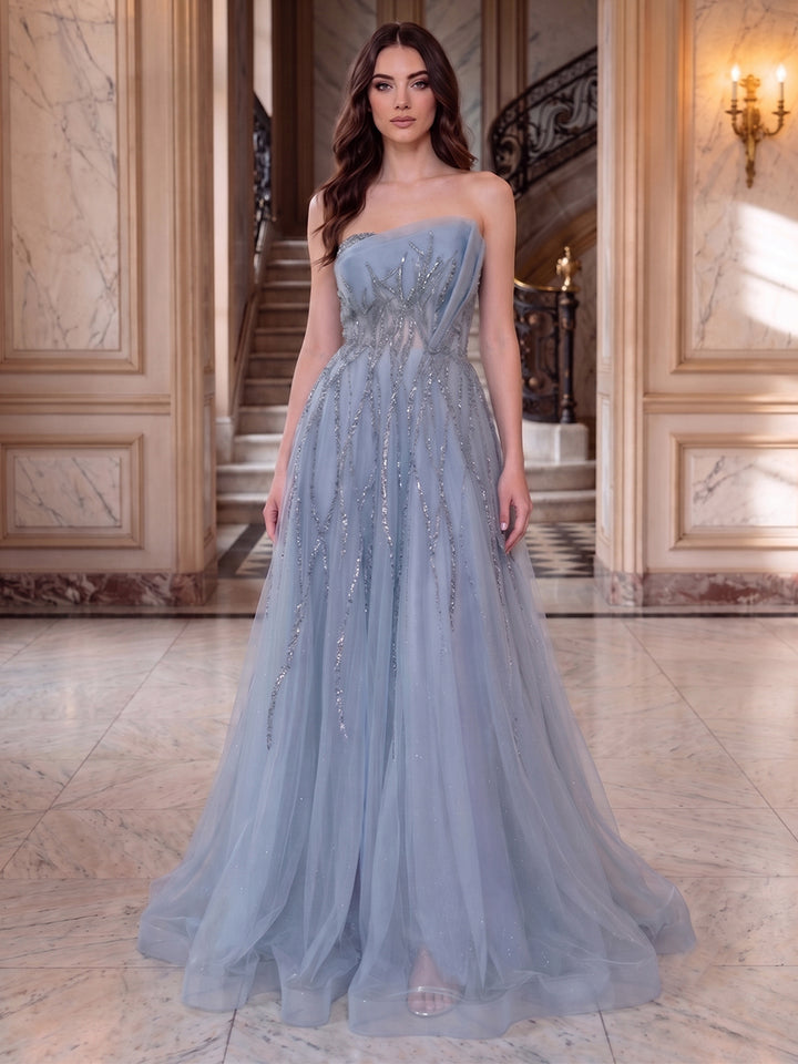 A-Line/Princess Strapless Sleeveless Floor-Length Evening Dresses with Applique &amp; Beading