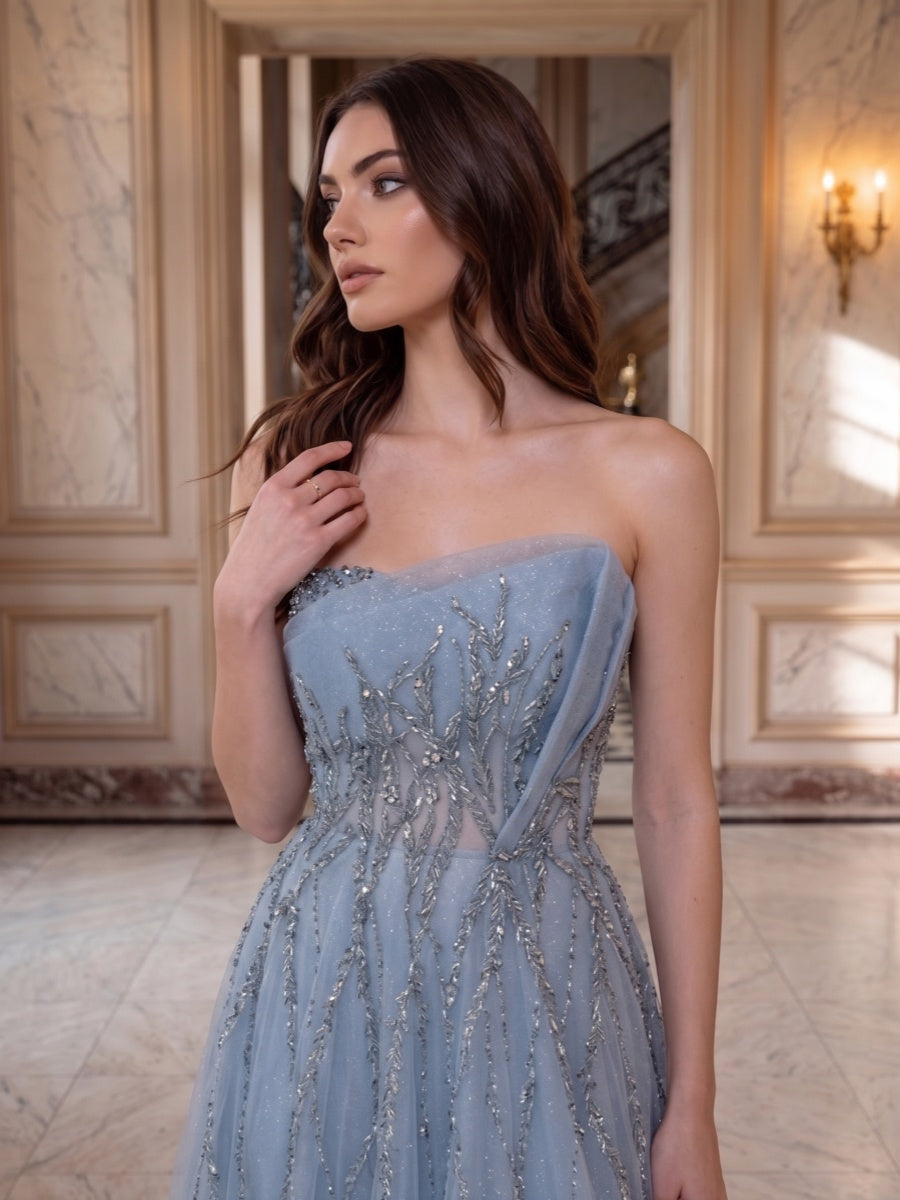 A-Line/Princess Strapless Sleeveless Floor-Length Evening Dresses with Applique &amp; Beading