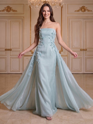A-Line/Princess Strapless Sleeveless Floor-Length Evening Dresses with 3D Floral