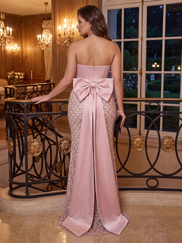 Trumpet/Mermaid Sweetheart Strapless Sleeveless Floor-Length Plus Size Evening Dresses with Bowknot & Sequins