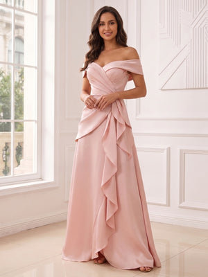 A-Line/Princess Off-The-Shoulder Sleeveless Floor-Length Evening Dresses with Ruffles & Pleated