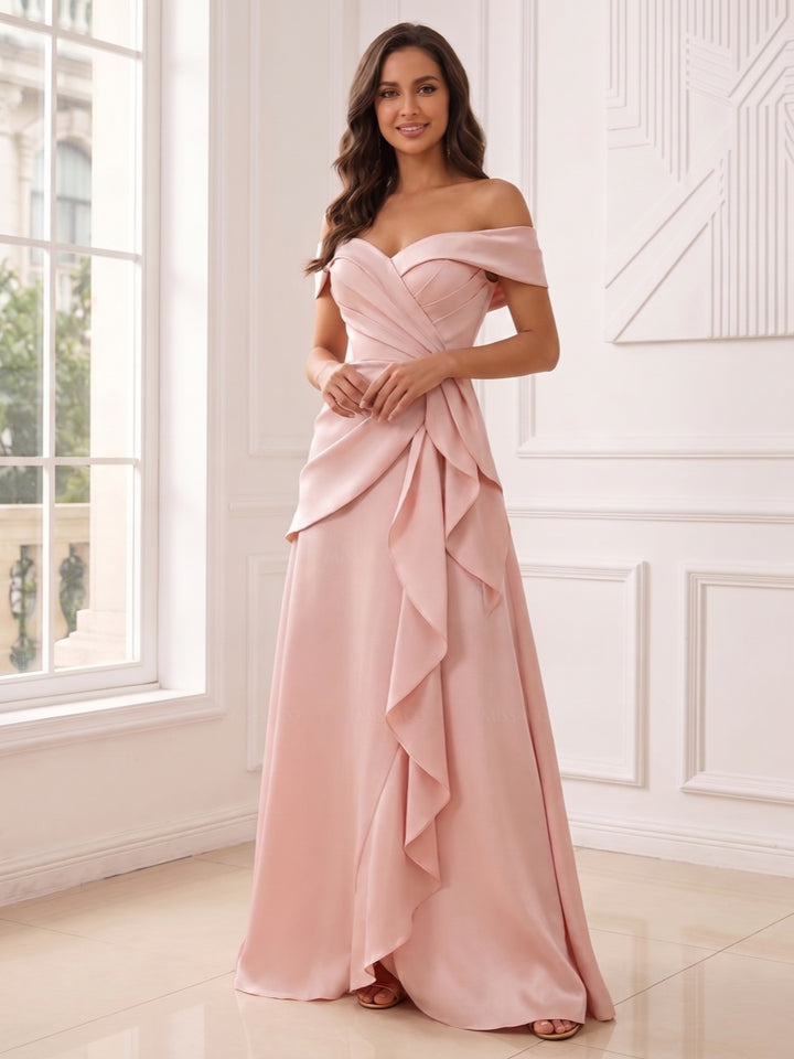 A-Line/Princess Off-The-Shoulder Sleeveless Floor-Length Evening Dresses with Ruffles &amp; Pleated