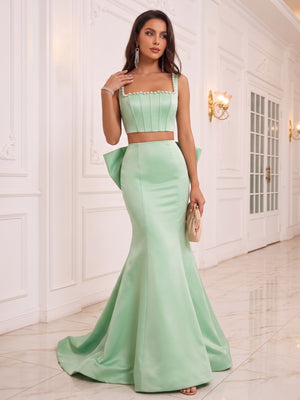 Trumpet/Mermaid Scoop Sleeveless Sweep Train Evening Dresses with Beading & Bowknot