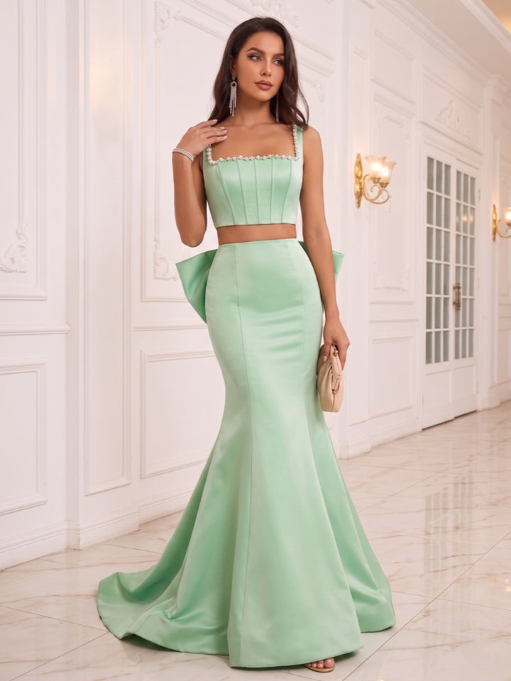 Trumpet/Mermaid Scoop Sleeveless Sweep Train Evening Dresses with Beading &amp; Bowknot