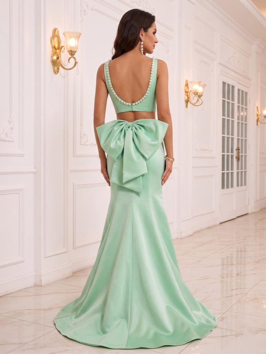 Trumpet/Mermaid Scoop Sleeveless Sweep Train Evening Dresses with Beading &amp; Bowknot