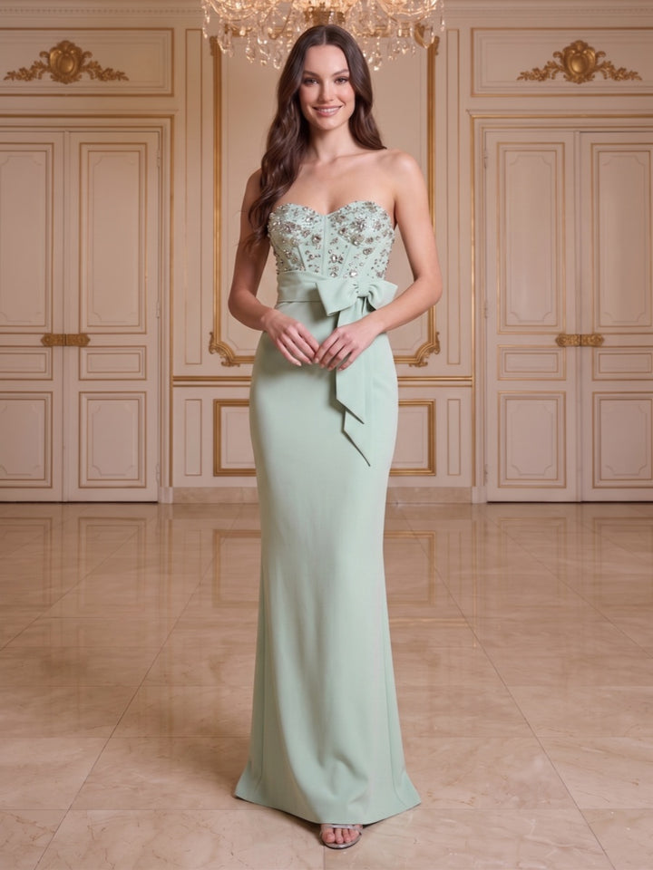 Sheath/Column Sweetheart Strapless Sleeveless Floor-Length Evening Dresses with Bowknot &amp; Beading