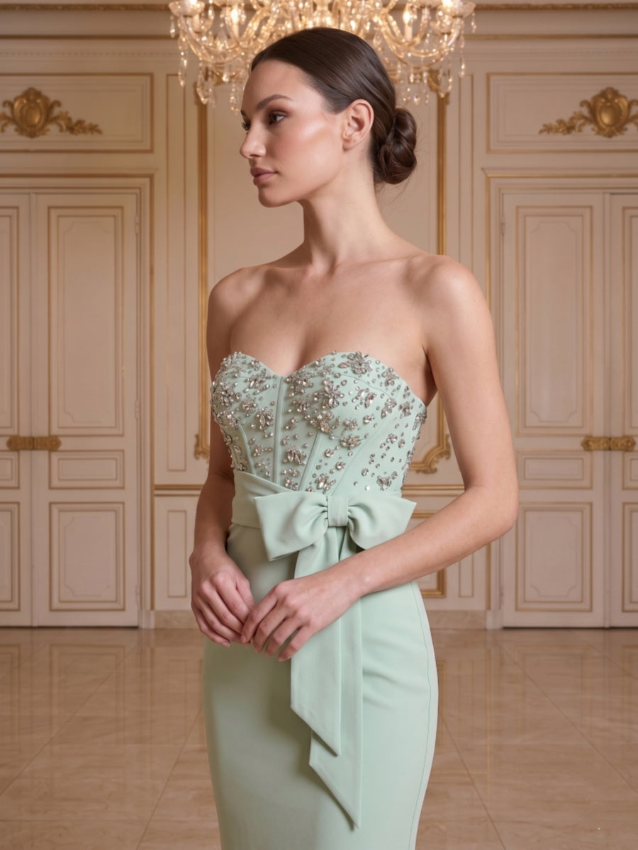 Sheath/Column Sweetheart Strapless Sleeveless Floor-Length Evening Dresses with Bowknot &amp; Beading