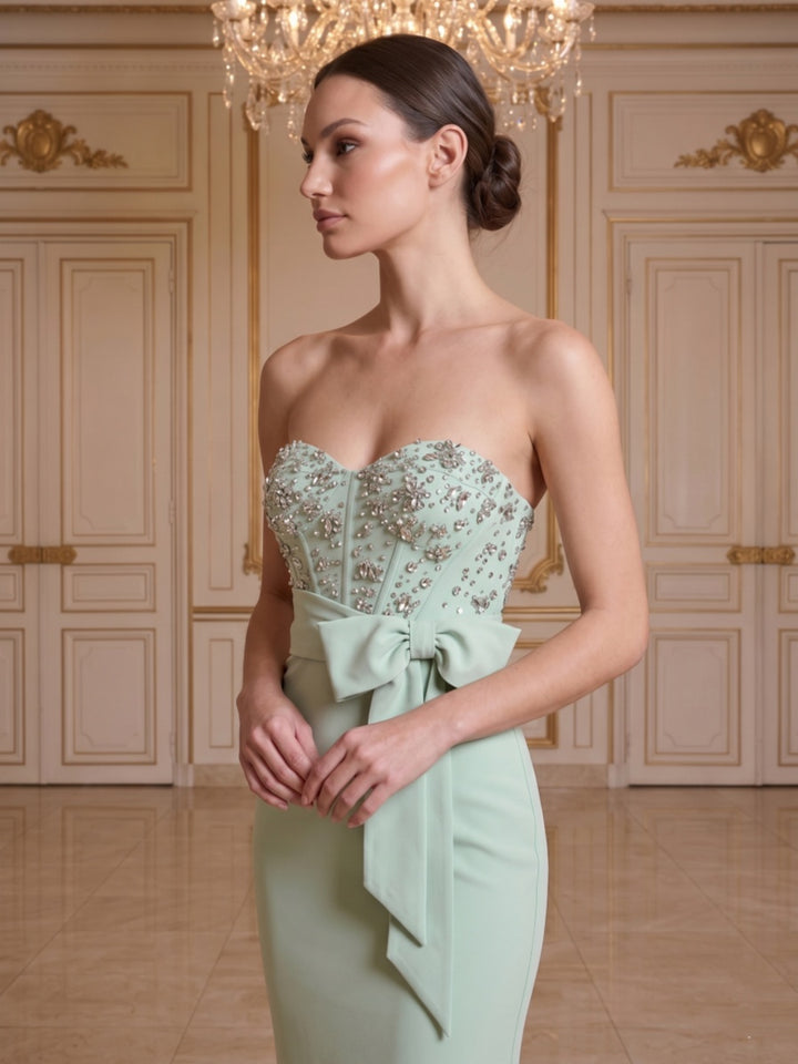 Sheath/Column Sweetheart Strapless Sleeveless Floor-Length Evening Dresses with Bowknot &amp; Beading