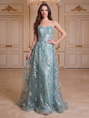 A-Line/Princess Spaghetti Straps Sleeveless Floor-Length Evening Dresses with Applique