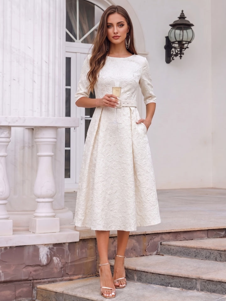 A-Line/Princess Scoop Half Sleeves Tea-Length Cocktail Dresses With Pockets &amp; Belt