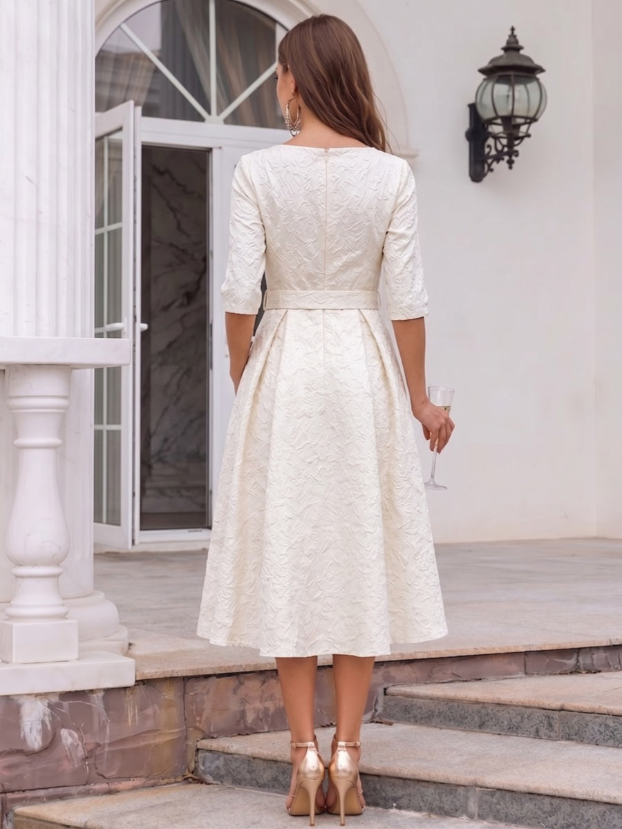 A-Line/Princess Scoop Half Sleeves Tea-Length Cocktail Dresses With Pockets &amp; Belt