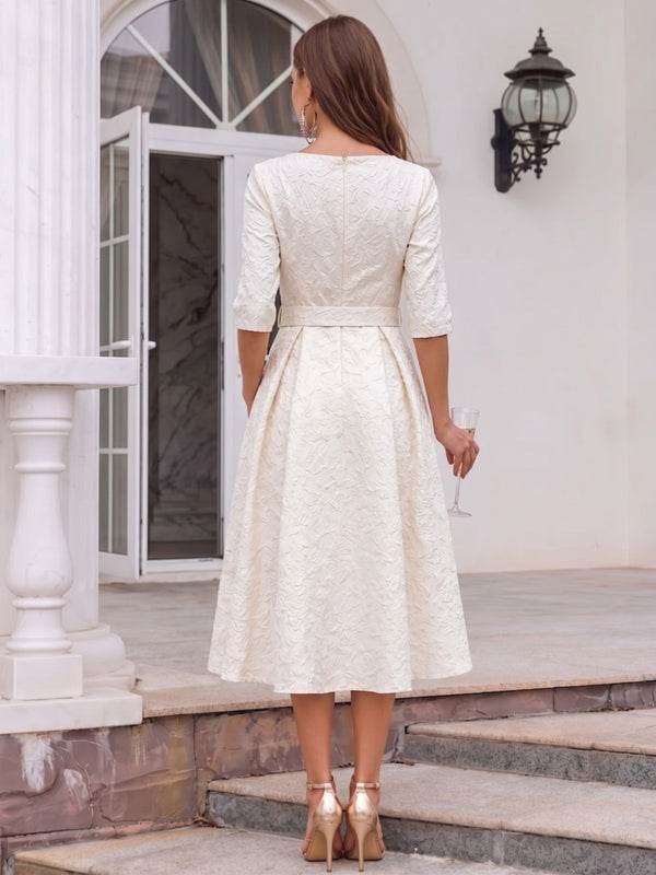 A-Line/Princess Scoop Half Sleeves Tea-Length Cocktail Dresses With Pockets & Belt