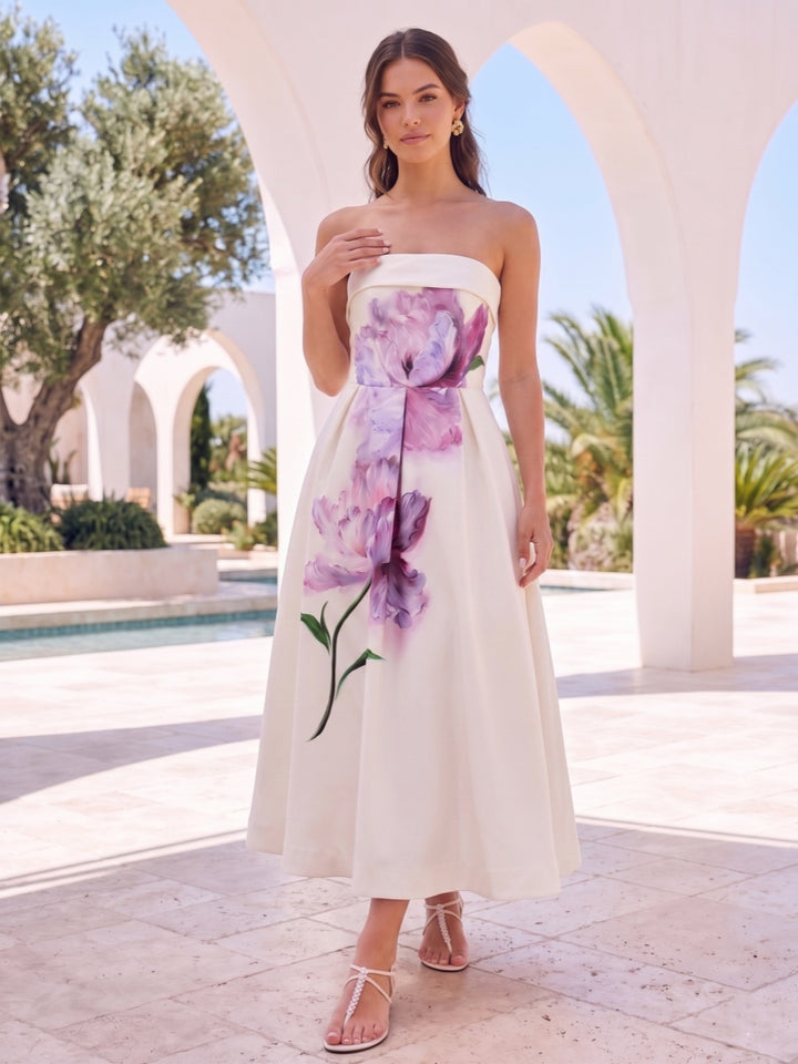 A-Line/Princess Strapless Sleeveless Tea-Length Cocktail Dresses With Ruched