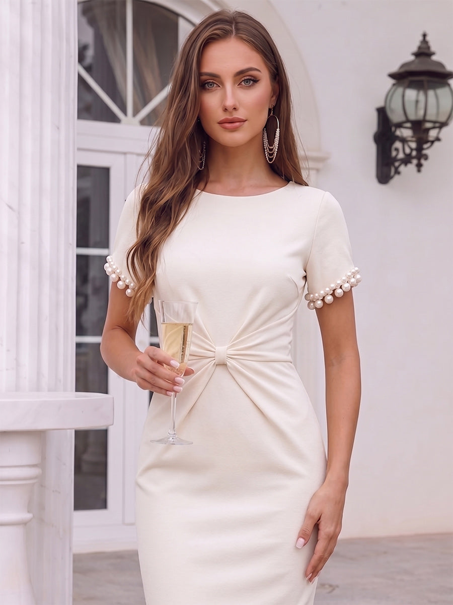 Sheath/Column Scoop Short Sleeves Tea-Length Cocktail Dresses With Pearl &amp; Ruched