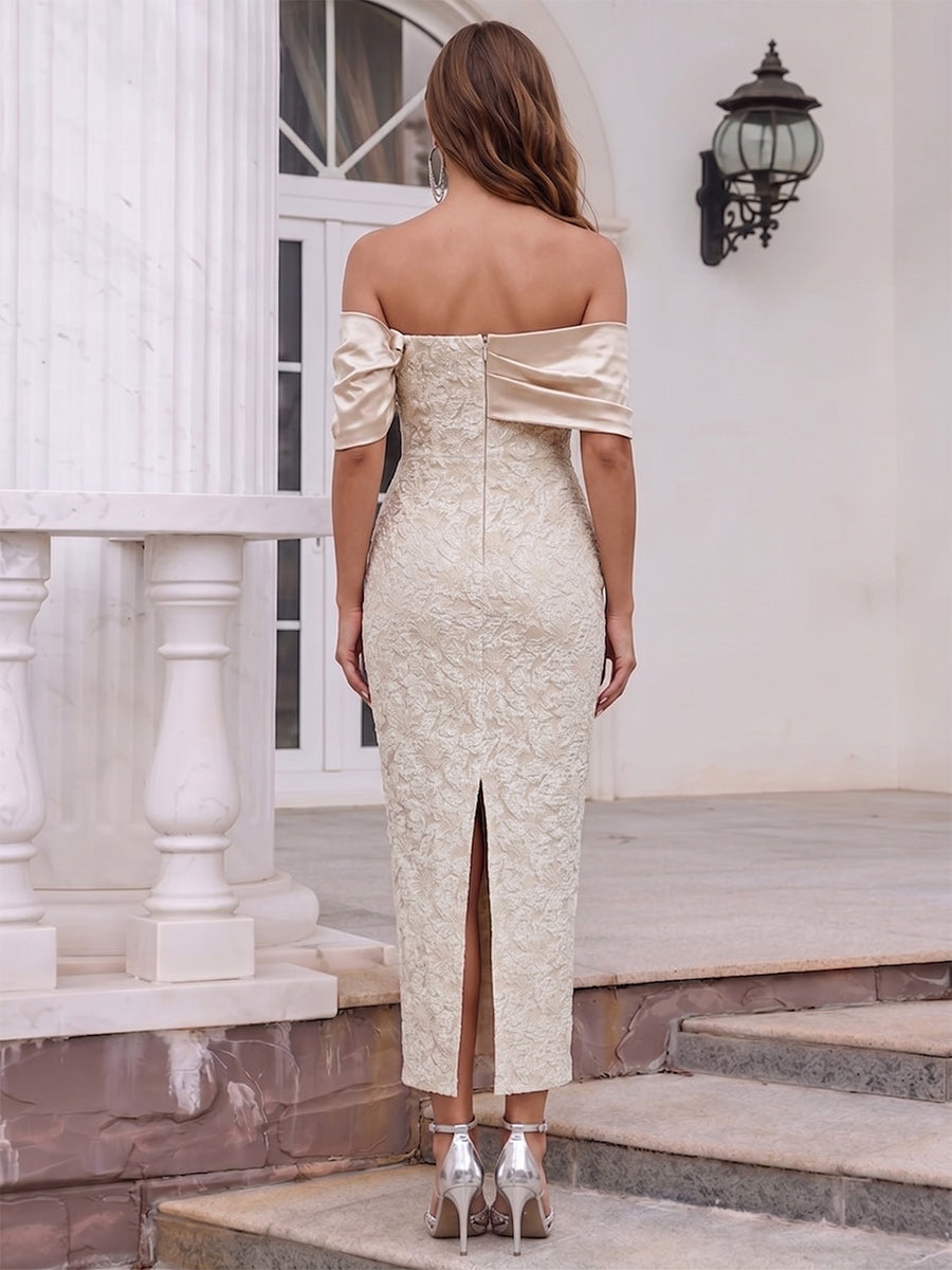 Sheath/Column Off-the-Shoulder Short Sleeves Tea-Length Cocktail Dresses With Applique