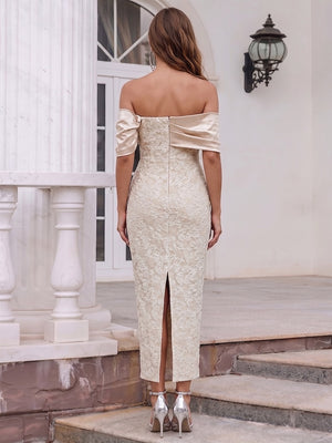 Sheath/Column Off-the-Shoulder Short Sleeves Tea-Length Cocktail Dresses With Applique