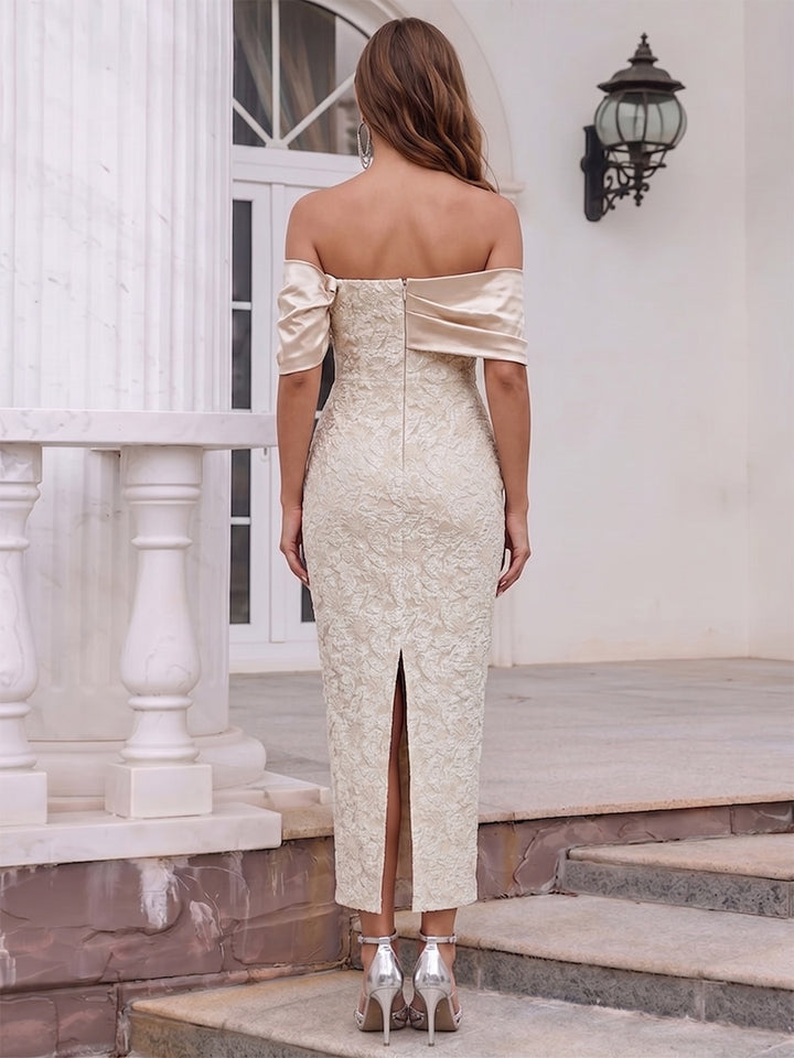 Sheath/Column Off-the-Shoulder Short Sleeves Tea-Length Cocktail Dresses With Applique
