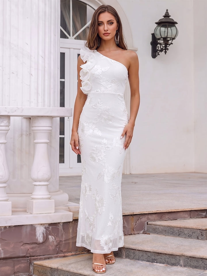 Sheath/Column One-Shoulder Sleeveless Ankle-Length Cocktail Dresses With Ruffles &amp; Applique
