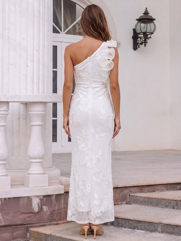 Sheath/Column One-Shoulder Sleeveless Ankle-Length Cocktail Dresses With Ruffles & Applique