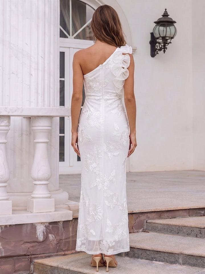 Sheath/Column One-Shoulder Sleeveless Ankle-Length Cocktail Dresses With Ruffles &amp; Applique