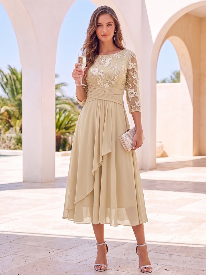 A-Line/Princess 3/4 Sleeves Round Neck Tea-Length Cocktail Dresses With Embroidery &amp; Ruffles