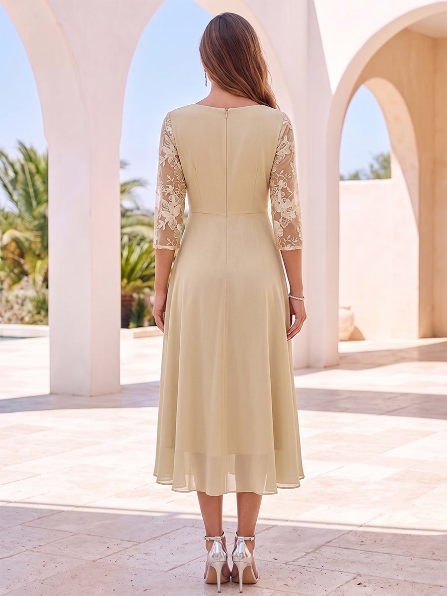 A-Line/Princess 3/4 Sleeves Round Neck Tea-Length Cocktail Dresses With Embroidery &amp; Ruffles