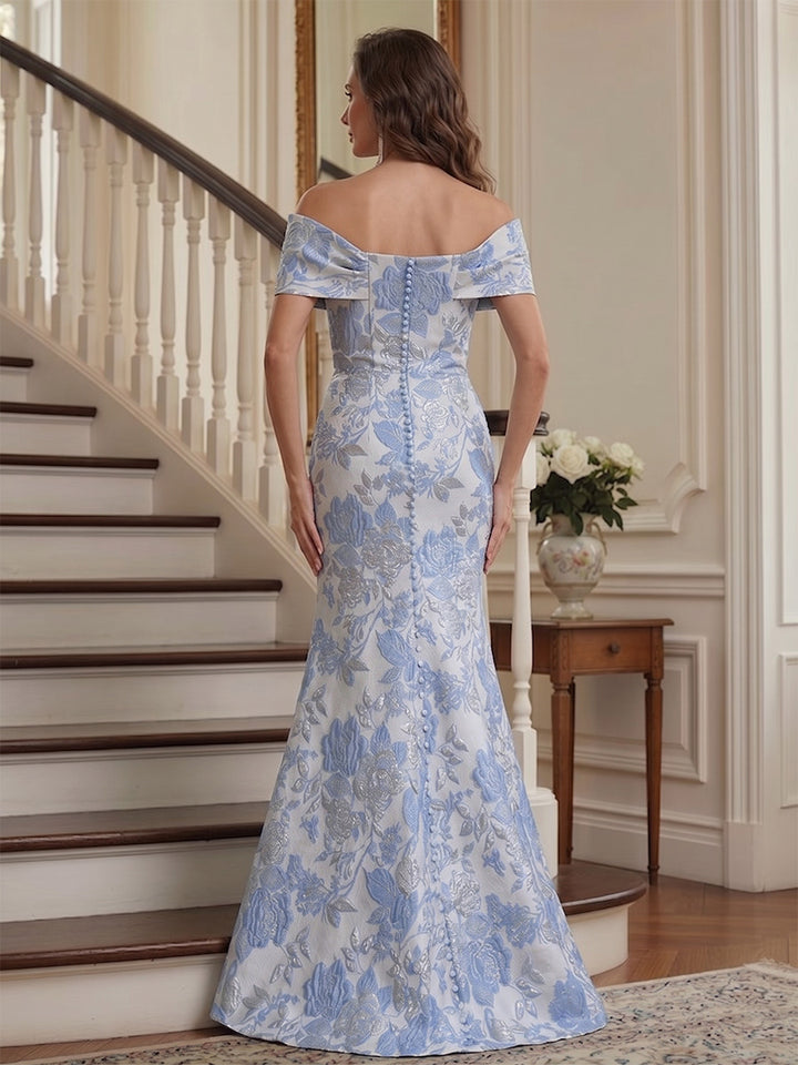 Trumpet/Mermaid Off-the-Shoulder Short Sleeves Floor-Length Mother of the Bride Dresses with Flower