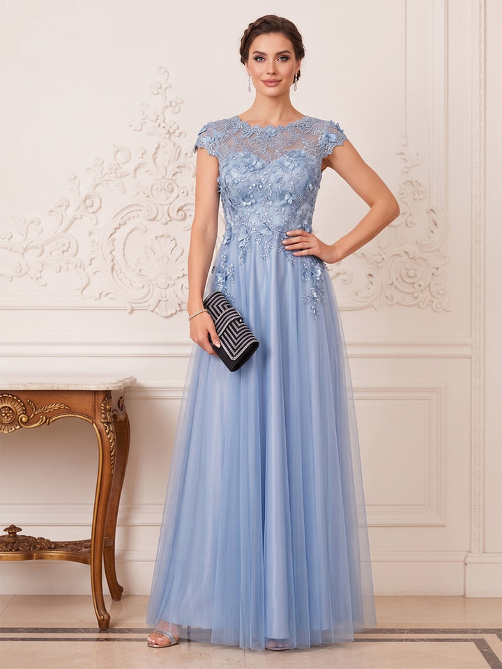 A-Line/Princess Scoop Short Sleeves Floor-Length Mother of the Bride Dresses with 3D Floral &amp; Beading