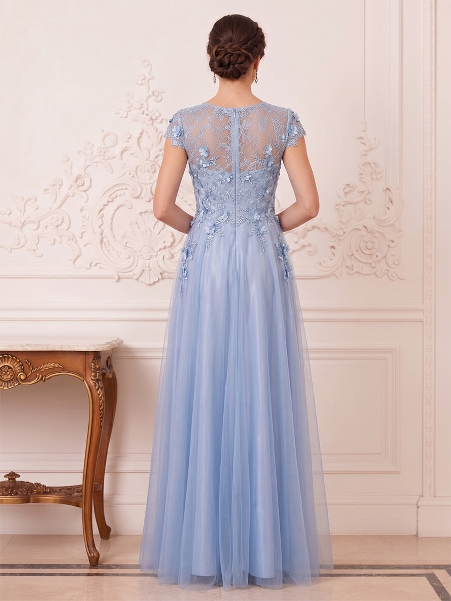 A-Line/Princess Scoop Short Sleeves Floor-Length Mother of the Bride Dresses with 3D Floral &amp; Beading