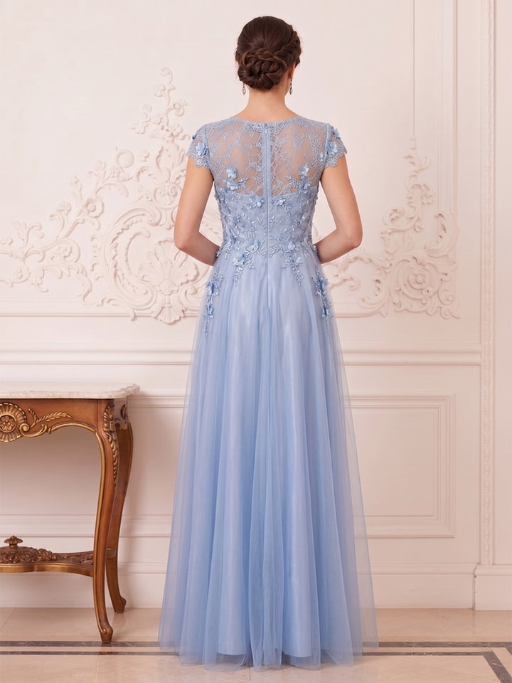 A-Line/Princess Scoop Short Sleeves Floor-Length Mother of the Bride Dresses with 3D Floral &amp; Beading