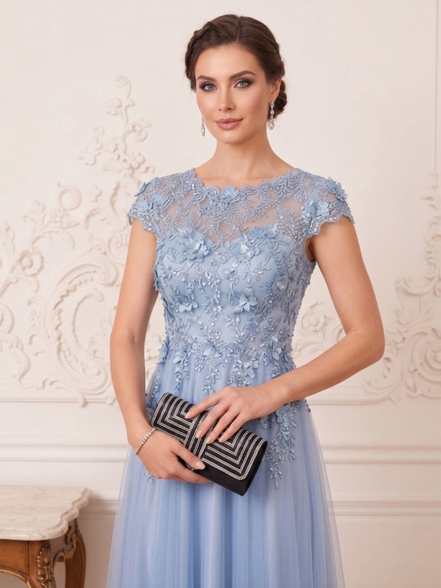 A-Line/Princess Scoop Short Sleeves Floor-Length Mother of the Bride Dresses with 3D Floral &amp; Beading