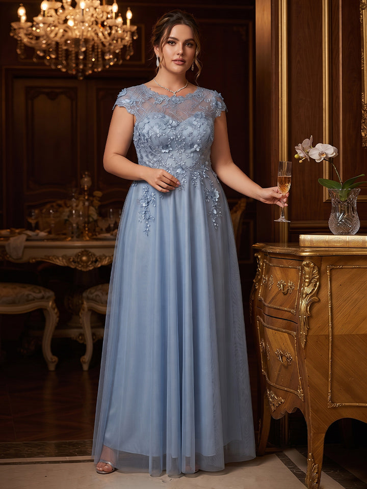A-Line/Princess Scoop Short Sleeves Floor-Length Plus Size Evening Dresses with 3D Floral &amp; Beading