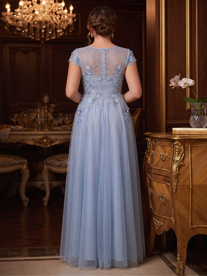 A-Line/Princess Scoop Short Sleeves Floor-Length Plus Size Evening Dresses with 3D Floral &amp; Beading