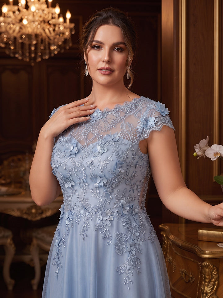 A-Line/Princess Scoop Short Sleeves Floor-Length Plus Size Evening Dresses with 3D Floral &amp; Beading