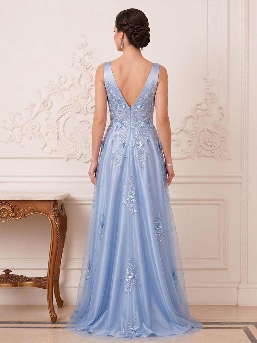 A-Line/Princess V-Neck Sleeveless Floor-Length Mother of the Bride Dresses with 3D Floral &amp; Lace