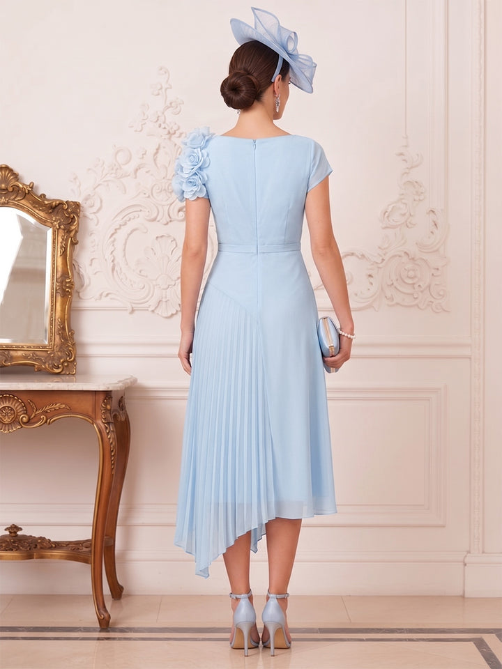 A-Line/Princess Scoop Short Sleeves Asymmetrical Mother of the Bride Dresses with 3D Floral &amp; Pleats